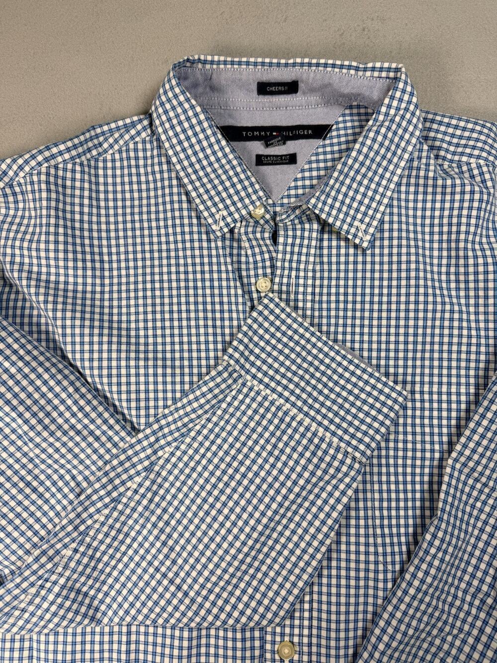 Tommy Hilfiger Mens Button Down Shirt XL Blue Plaid Classic Fit 100% Cotton